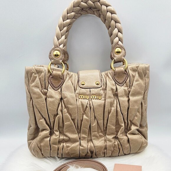 Miu Miu Matelassé Tan Leather Two-Way Bag - Picture 6 of 17